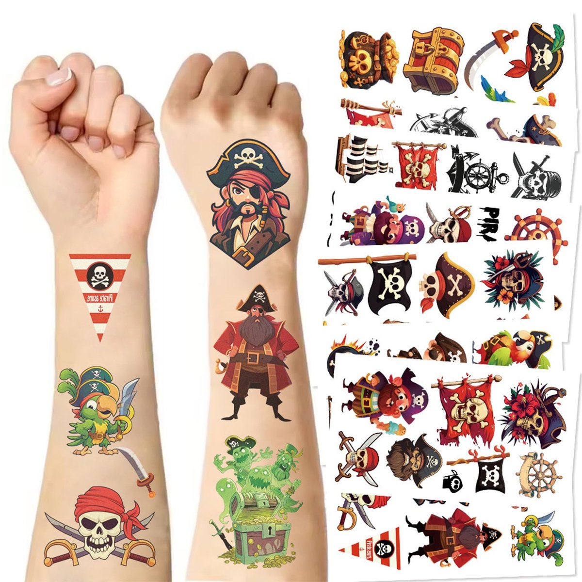 10 Sheets Pirate Temporary Tattoos for Kids & Adults – Waterproof, 3x3 Inches, Fun Pirate Stickers for Pirate-Themed Birthday Party Decorations - görsel 2