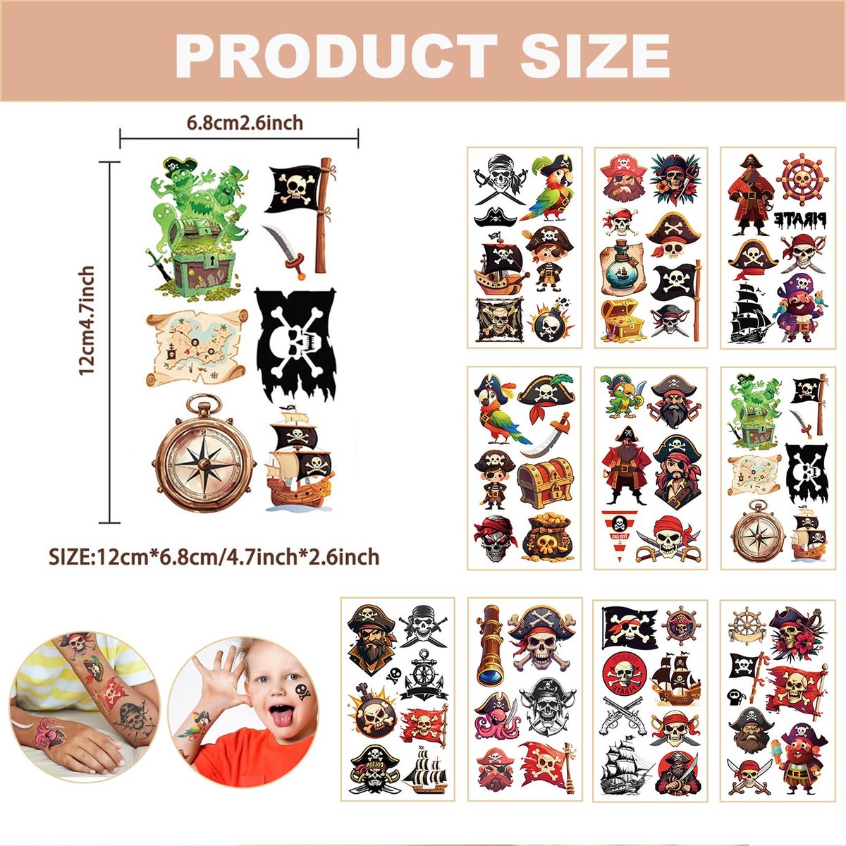10 Sheets Pirate Temporary Tattoos for Kids & Adults – Waterproof, 3x3 Inches, Fun Pirate Stickers for Pirate-Themed Birthday Party Decorations - görsel 4