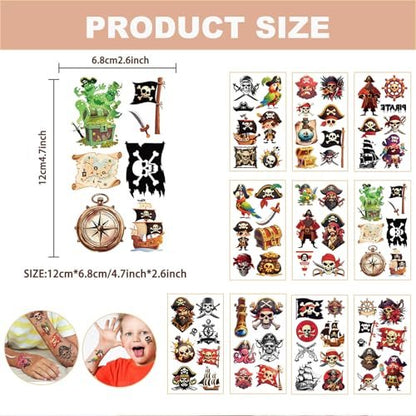 10 Sheets Pirate Temporary Tattoos for Kids & Adults – Waterproof, 3x3 Inches, Fun Pirate Stickers for Pirate-Themed Birthday Party Decorations