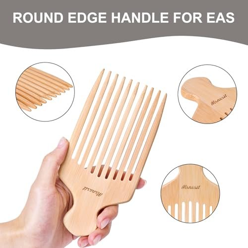 Bamboo Hair Pick for Curly Hair - Premium Wooden Wide Tooth Detangling Comb with Ergonomic Handle, Natural Volume & Styling Tool for Men Women, Fine or Thick Beard Pick Avelisse