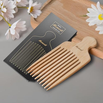 Bamboo Hair Pick for Curly Hair - Premium Wooden Wide Tooth Detangling Comb with Ergonomic Handle, Natural Volume & Styling Tool for Men Women, Fine or Thick Beard Pick Avelisse