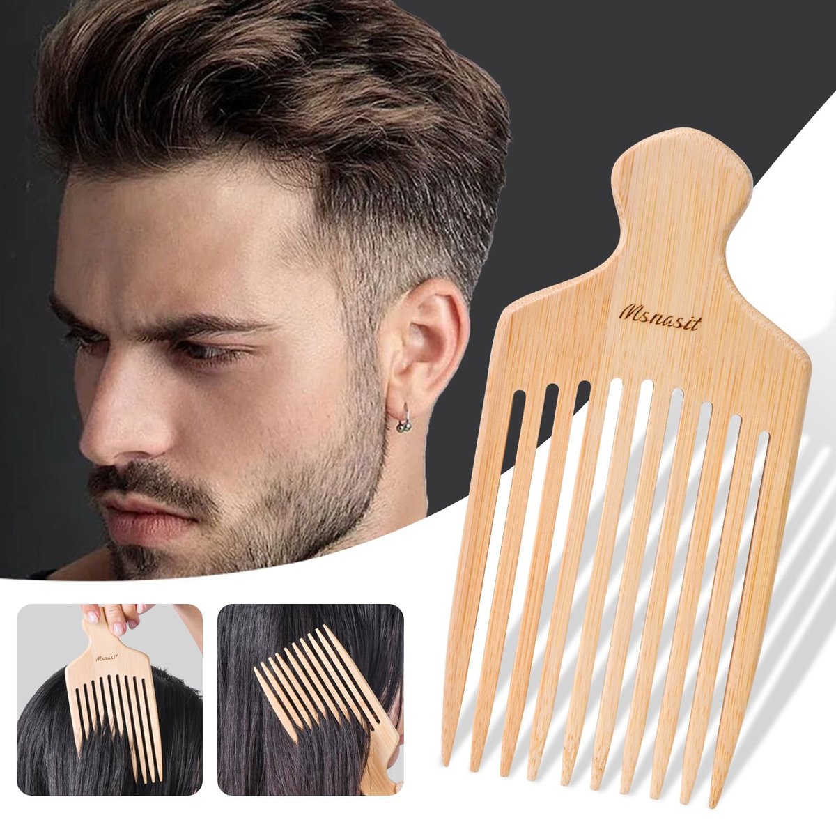 Bamboo Hair Pick for Curly Hair - Premium Wooden Wide Tooth Detangling Comb with Ergonomic Handle, Natural Volume & Styling Tool for Men Women, Fine or Thick Beard Pick Avelisse