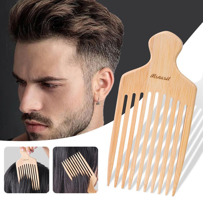 Bamboo Hair Pick for Curly Hair - Premium Wooden Wide Tooth Detangling Comb with Ergonomic Handle, Natural Volume & Styling Tool for Men Women, Fine or Thick Beard Pick Avelisse