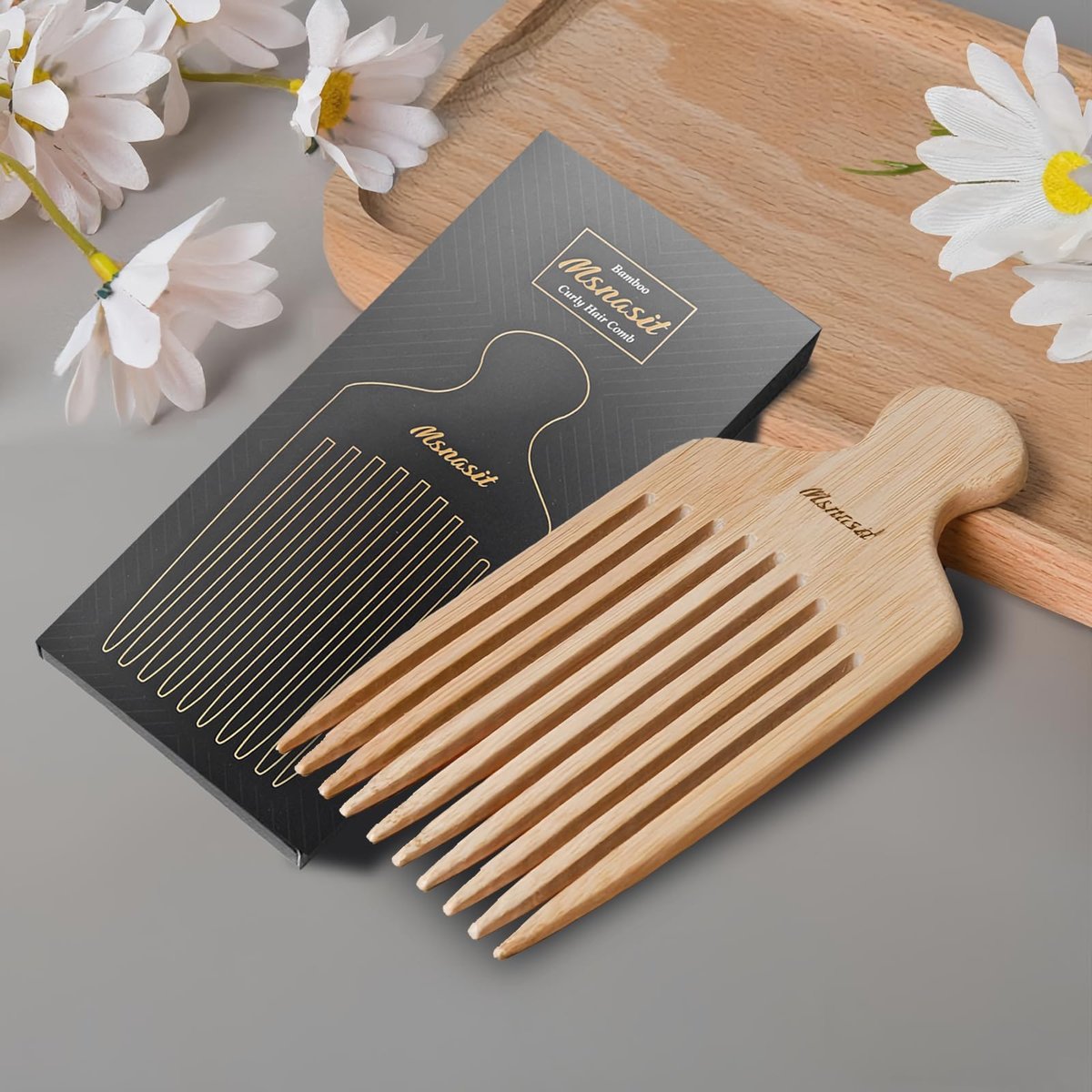 Bamboo Hair Pick for Curly Hair - Premium Wooden Wide Tooth Detangling Comb with Ergonomic Handle, Natural Volume & Styling Tool for Men Women, Fine or Thick Beard Pick Avelisse