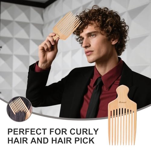 Bamboo Hair Pick for Curly Hair - Premium Wooden Wide Tooth Detangling Comb with Ergonomic Handle, Natural Volume & Styling Tool for Men Women, Fine or Thick Beard Pick Avelisse