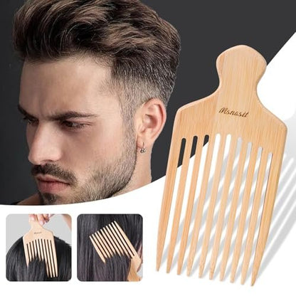 Bamboo Hair Pick for Curly Hair - Premium Wooden Wide Tooth Detangling Comb with Ergonomic Handle, Natural Volume & Styling Tool for Men Women, Fine or Thick Beard Pick Avelisse