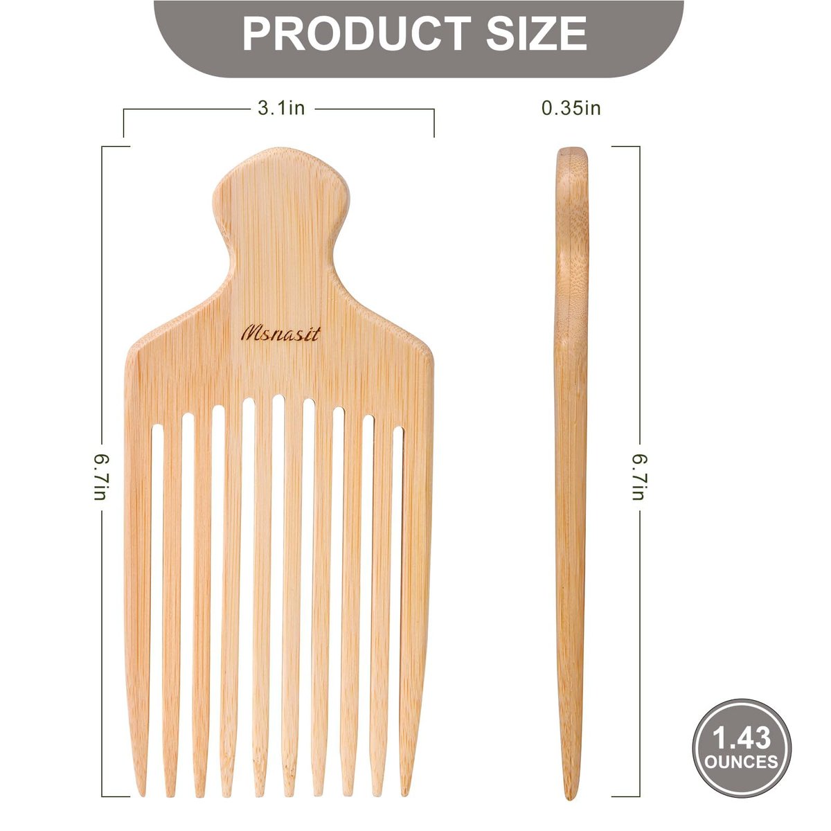 Bamboo Hair Pick for Curly Hair - Premium Wooden Wide Tooth Detangling Comb with Ergonomic Handle, Natural Volume & Styling Tool for Men Women, Fine or Thick Beard Pick Avelisse