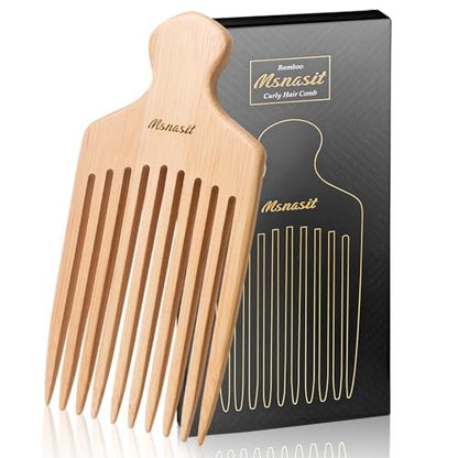 Bamboo Hair Pick for Curly Hair - Premium Wooden Wide Tooth Detangling Comb with Ergonomic Handle, Natural Volume & Styling Tool for Men Women, Fine or Thick Beard Pick Avelisse