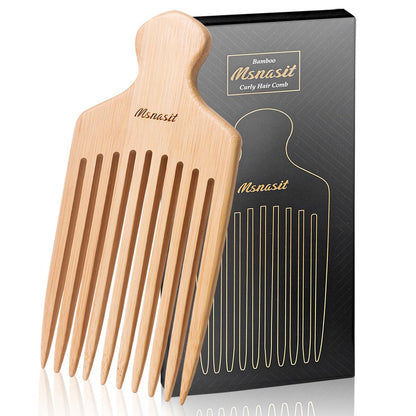 Bamboo Hair Pick for Curly Hair - Premium Wooden Wide Tooth Detangling Comb with Ergonomic Handle, Natural Volume & Styling Tool for Men Women, Fine or Thick Beard Pick Avelisse
