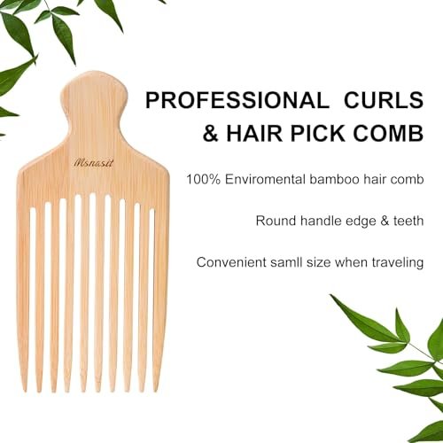 Bamboo Hair Pick for Curly Hair - Premium Wooden Wide Tooth Detangling Comb with Ergonomic Handle, Natural Volume & Styling Tool for Men Women, Fine or Thick Beard Pick Avelisse