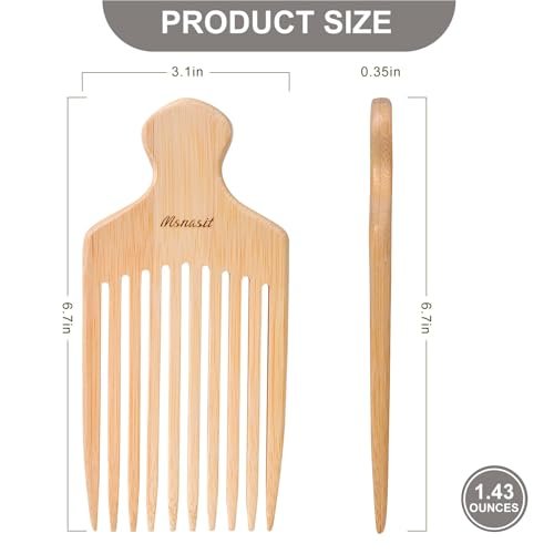 Bamboo Hair Pick for Curly Hair - Premium Wooden Wide Tooth Detangling Comb with Ergonomic Handle, Natural Volume & Styling Tool for Men Women, Fine or Thick Beard Pick Avelisse