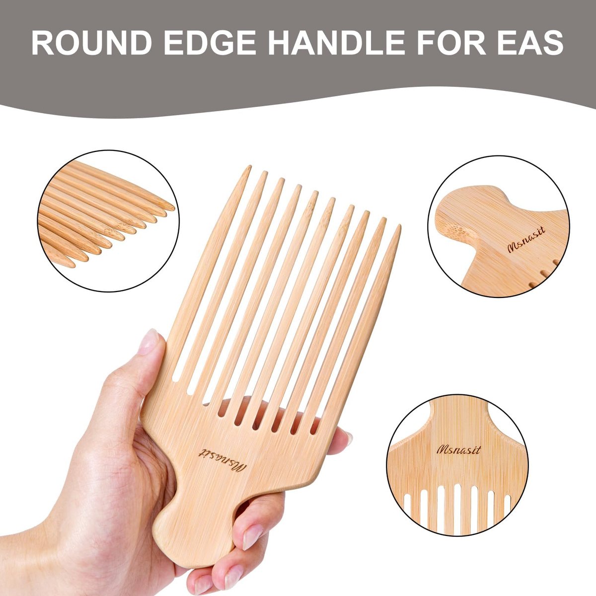 Bamboo Hair Pick for Curly Hair - Premium Wooden Wide Tooth Detangling Comb with Ergonomic Handle, Natural Volume & Styling Tool for Men Women, Fine or Thick Beard Pick Avelisse