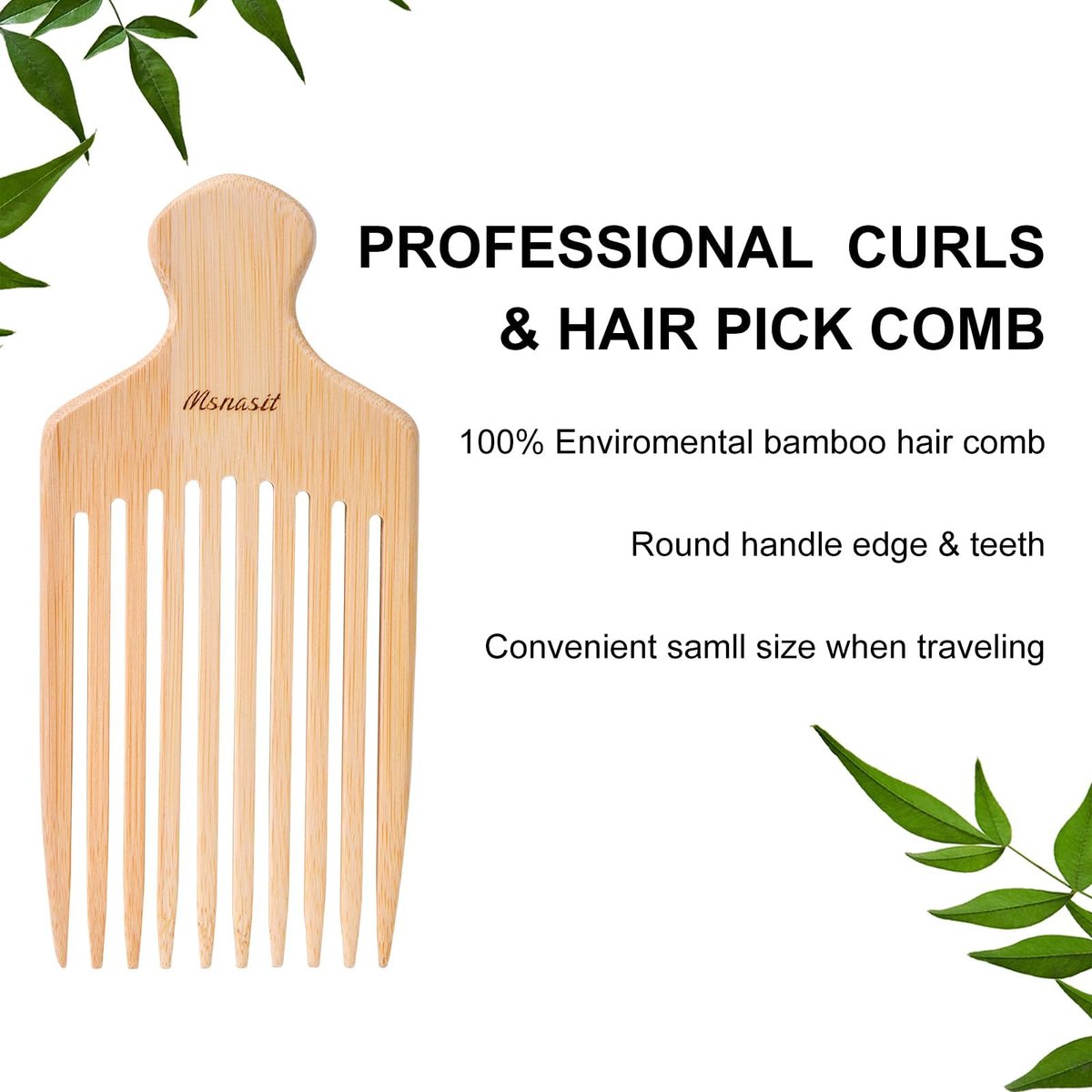 Bamboo Hair Pick for Curly Hair - Premium Wooden Wide Tooth Detangling Comb with Ergonomic Handle, Natural Volume & Styling Tool for Men Women, Fine or Thick Beard Pick Avelisse