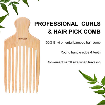 Bamboo Hair Pick for Curly Hair - Premium Wooden Wide Tooth Detangling Comb with Ergonomic Handle, Natural Volume & Styling Tool for Men Women, Fine or Thick Beard Pick Avelisse