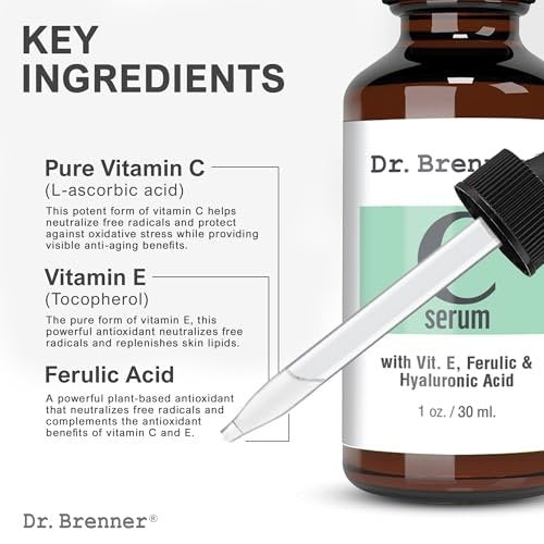 Dr. Brenner Vitamin C Serum for Face with 20% L-Ascorbic Acid, Ferulic Acid, Vitamin E, and Hyaluronic Acid – 1 Fl Oz Avelisse