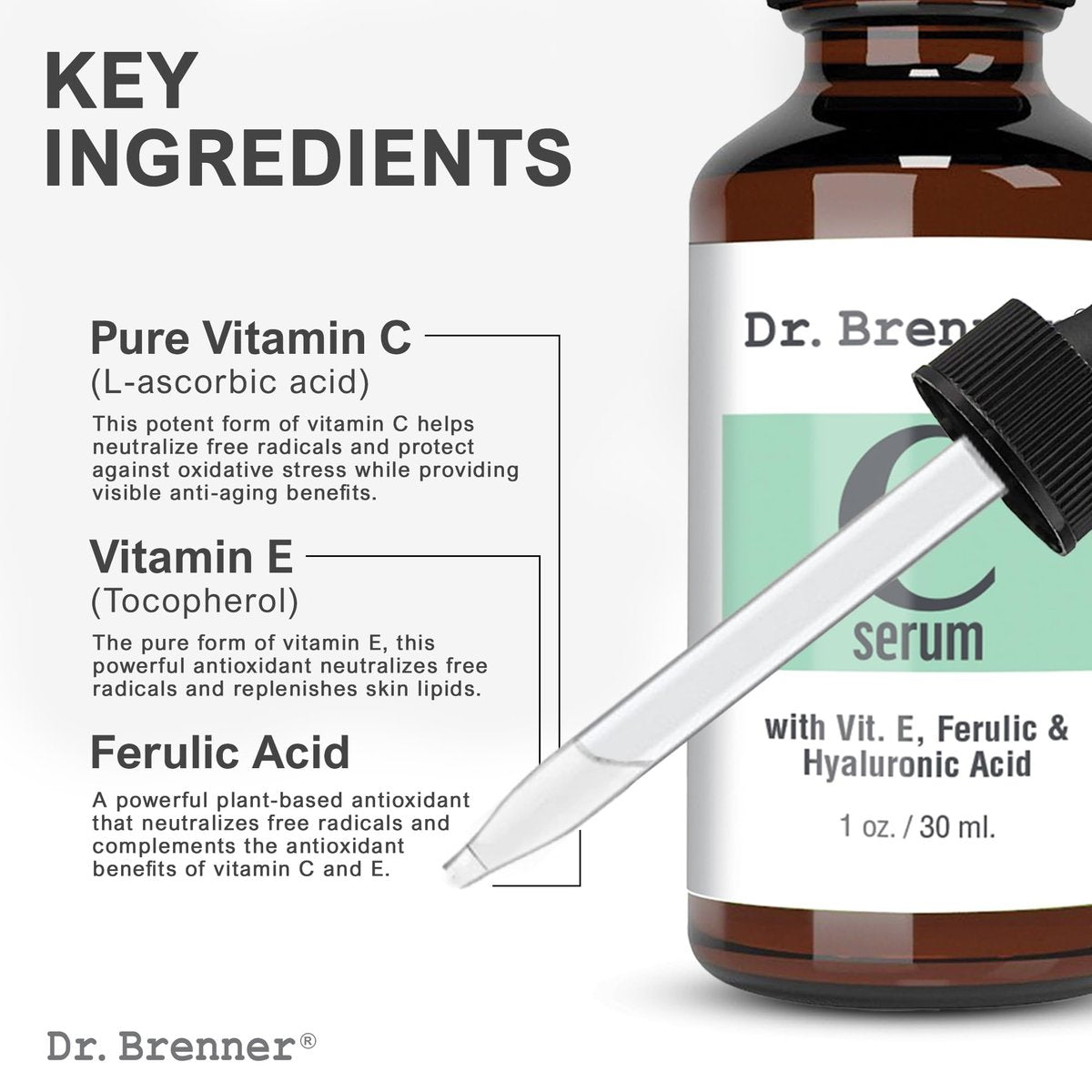 Dr. Brenner Vitamin C Serum for Face with 20% L-Ascorbic Acid, Ferulic Acid, Vitamin E, and Hyaluronic Acid – 1 Fl Oz Avelisse