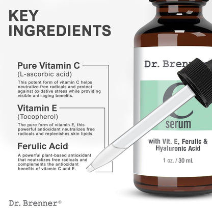 Dr. Brenner Vitamin C Serum for Face with 20% L-Ascorbic Acid, Ferulic Acid, Vitamin E, and Hyaluronic Acid – 1 Fl Oz Avelisse