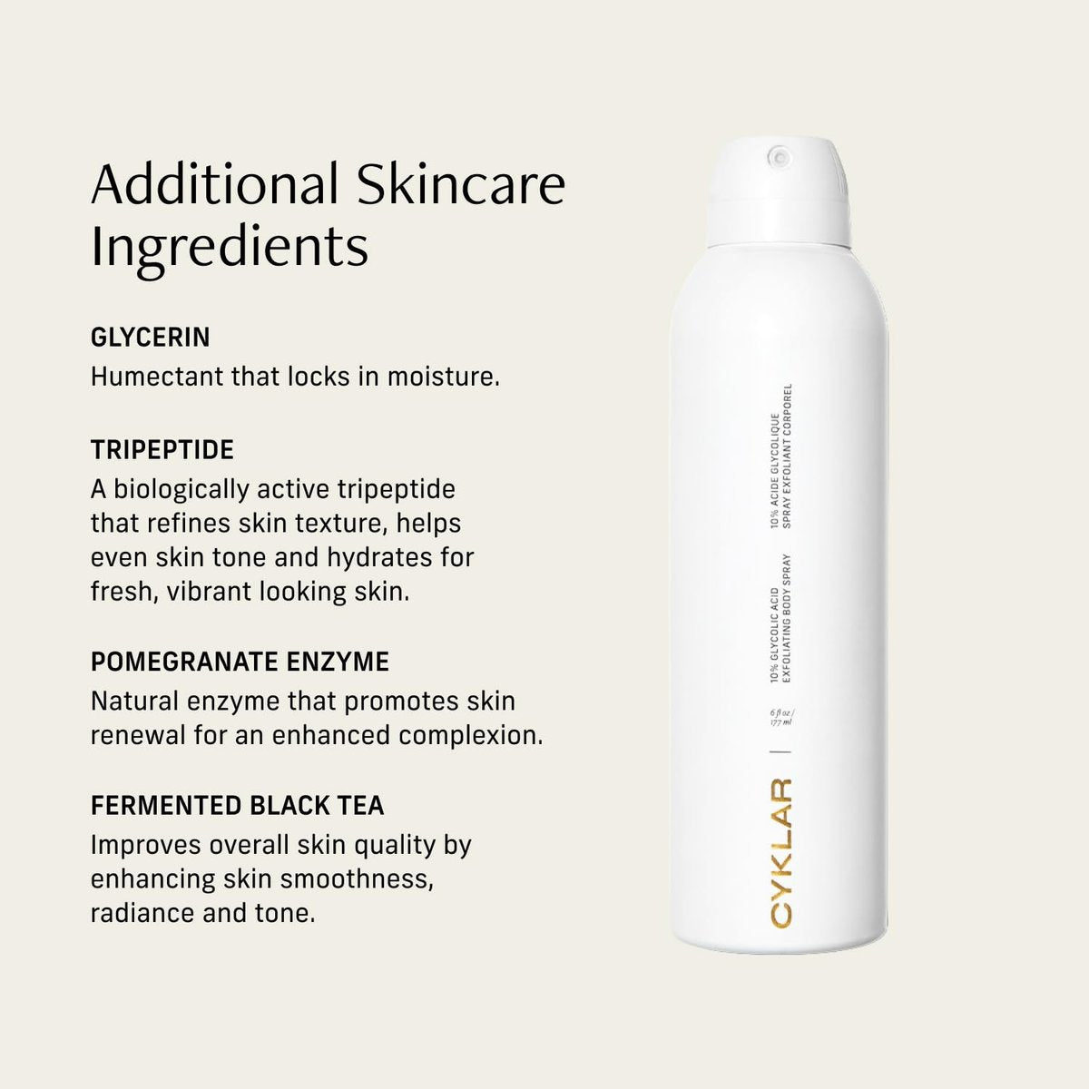 Cyklar Glycolic Acid Exfoliating Body Spray – 10% AHA Toner for Face & Body, Skin-Smoothing Spray with Peptides & Enzymes, Fragrance-Free, 6 fl oz Avelisse