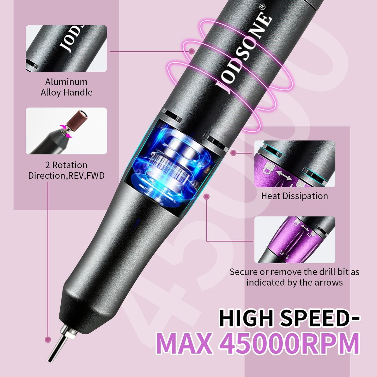 JODSONE Professional Nail Drill 45000 RPM Rechargeable Nail File for Nail Gel Removal Low Noise Portable for Home and Salon - görsel 7