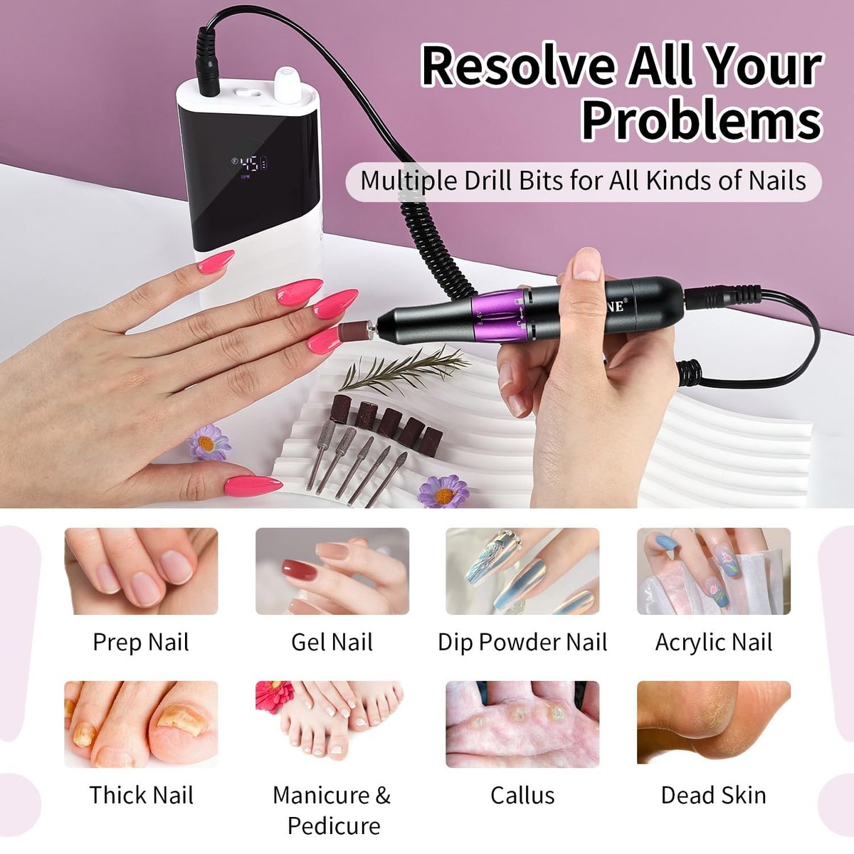 JODSONE Professional Nail Drill 45000 RPM Rechargeable Nail File for Nail Gel Removal Low Noise Portable for Home and Salon - görsel 9