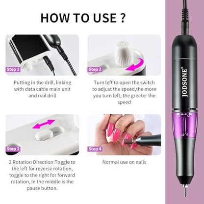JODSONE Professional Nail Drill 45000 RPM Rechargeable Nail File for Nail Gel Removal Low Noise Portable for Home and Salon