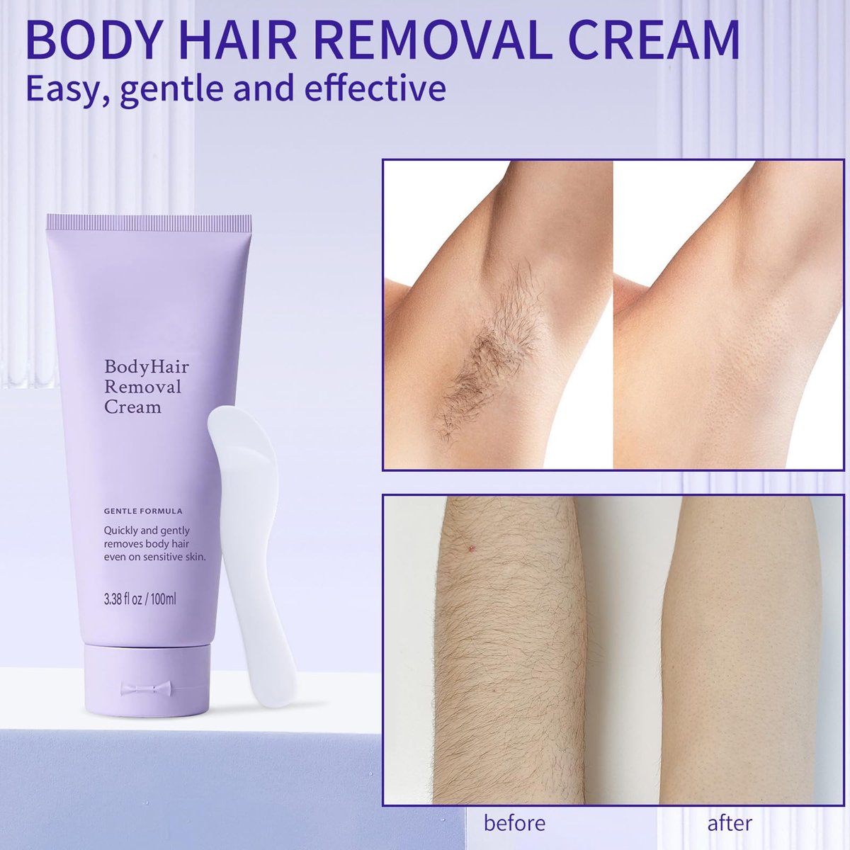 2 PCS Gentle Body Hair Removal Cream for Men & Women, 6.76 Fl Oz, Painless Flawless Depilatory Cream with Spatula Applicator, Suitable for All Skin Types & Sensitive Avelisse
