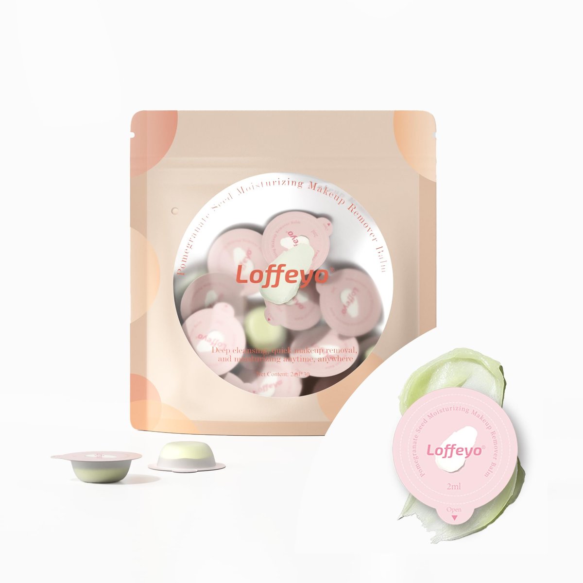 Loffeyo 30-Pack Travel Mini Cleansing Balm - Individually Wrapped Makeup Remover Pods with Pomegranate Extract, Gentle & Hydrating for All Skin Types, Leak-Proof & TSA-Friendly Avelisse