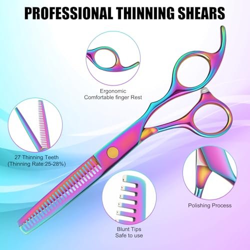 Professional Hair Cutting Scissors Set - Rainbow Haircut Scissors Kit with Cutting & Thinning Shears for Barber, Salon, Home, Men, Women, Kids, Adults Avelisse