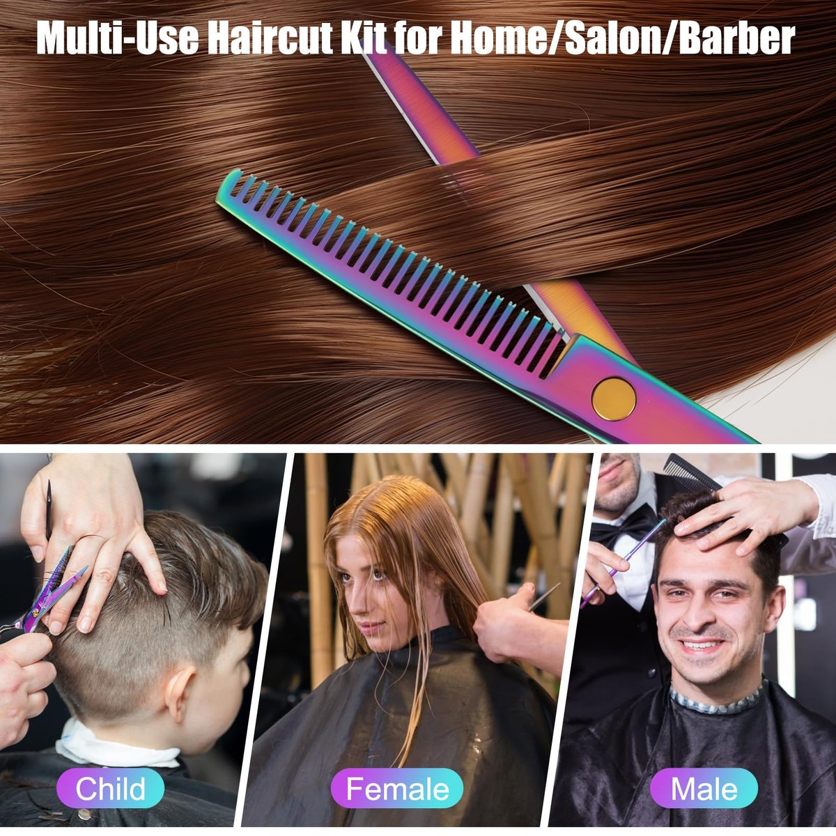 Professional Hair Cutting Scissors Set - Rainbow Haircut Scissors Kit with Cutting & Thinning Shears for Barber, Salon, Home, Men, Women, Kids, Adults Avelisse