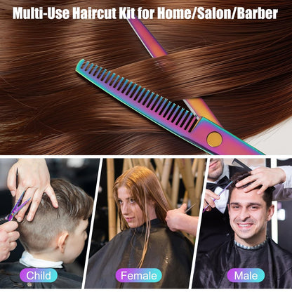 Professional Hair Cutting Scissors Set - Rainbow Haircut Scissors Kit with Cutting & Thinning Shears for Barber, Salon, Home, Men, Women, Kids, Adults Avelisse