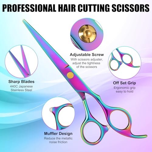 Professional Hair Cutting Scissors Set - Rainbow Haircut Scissors Kit with Cutting & Thinning Shears for Barber, Salon, Home, Men, Women, Kids, Adults Avelisse