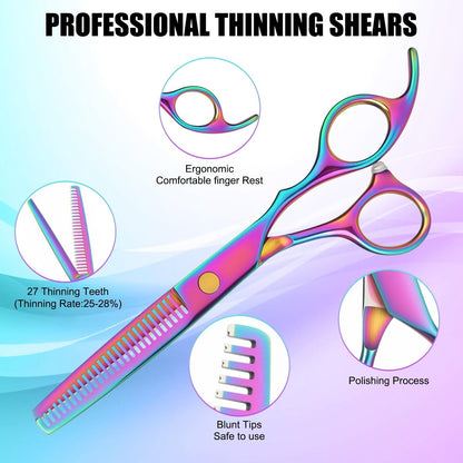 Professional Hair Cutting Scissors Set - Rainbow Haircut Scissors Kit with Cutting & Thinning Shears for Barber, Salon, Home, Men, Women, Kids, Adults Avelisse