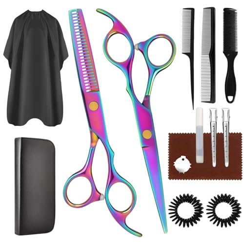 Professional Hair Cutting Scissors Set - Rainbow Haircut Scissors Kit with Cutting & Thinning Shears for Barber, Salon, Home, Men, Women, Kids, Adults Avelisse