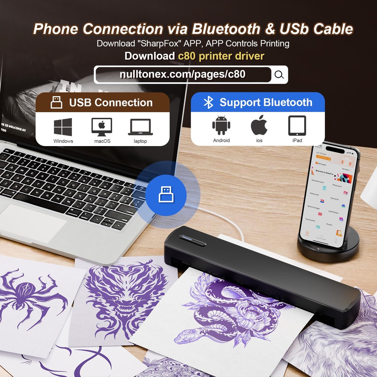 NULLTONEX Portable Wireless Bluetooth Thermal Tattoo Stencil Printer – 8.5x11 Letter, A4, A5 Sizes for Smartphone, PC & Laptop Avelisse