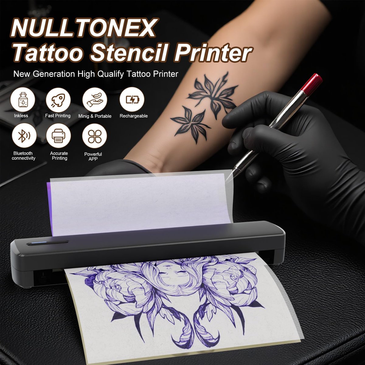 NULLTONEX Portable Wireless Bluetooth Thermal Tattoo Stencil Printer – 8.5x11 Letter, A4, A5 Sizes for Smartphone, PC & Laptop Avelisse