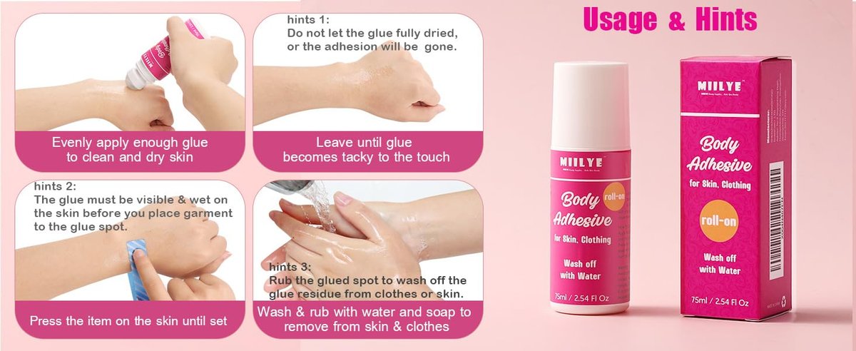 MIILYE Body Adhesive Roll-On for Skin & Clothing – 2.54 Oz Sweat Resistant, Water Wash Off Fashion Adhesive for Dancers, Socks, Stockings, Leotards, Bras, Wigs, Costumes - görsel 15