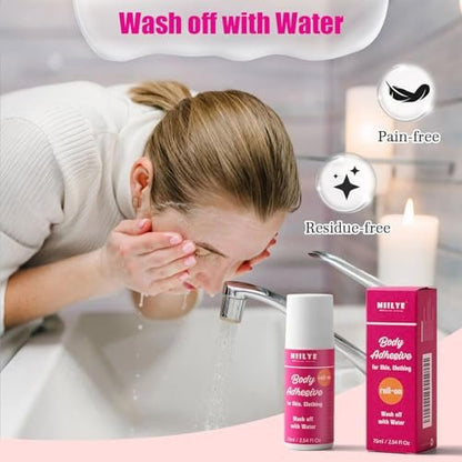 MIILYE Body Adhesive Roll-On for Skin & Clothing – 2.54 Oz Sweat Resistant, Water Wash Off Fashion Adhesive for Dancers, Socks, Stockings, Leotards, Bras, Wigs, Costumes