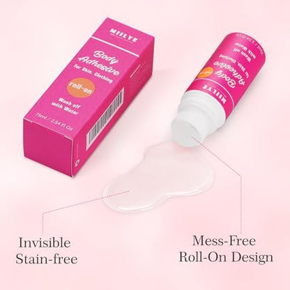 MIILYE Body Adhesive Roll-On for Skin & Clothing – 2.54 Oz Sweat Resistant, Water Wash Off Fashion Adhesive for Dancers, Socks, Stockings, Leotards, Bras, Wigs, Costumes