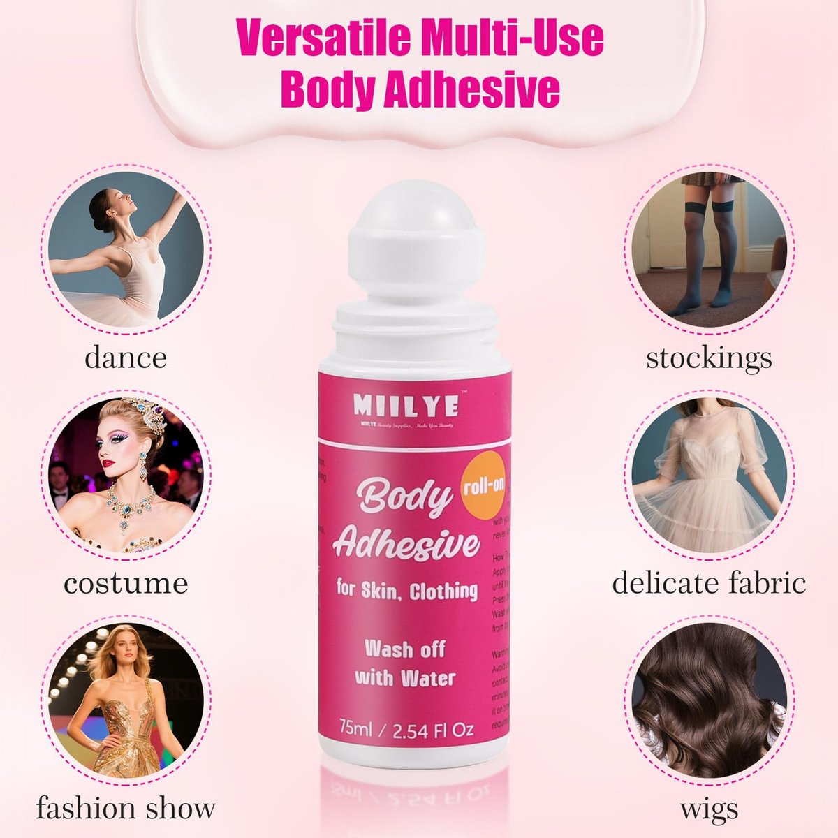 MIILYE Body Adhesive Roll-On for Skin & Clothing – 2.54 Oz Sweat Resistant, Water Wash Off Fashion Adhesive for Dancers, Socks, Stockings, Leotards, Bras, Wigs, Costumes - görsel 11