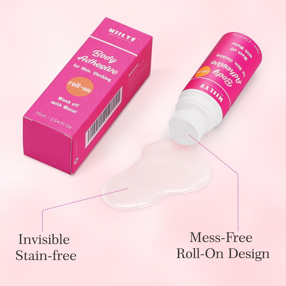 MIILYE Body Adhesive Roll-On for Skin & Clothing – 2.54 Oz Sweat Resistant, Water Wash Off Fashion Adhesive for Dancers, Socks, Stockings, Leotards, Bras, Wigs, Costumes - görsel 3