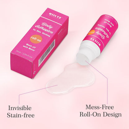 MIILYE Body Adhesive Roll-On for Skin & Clothing – 2.54 Oz Sweat Resistant, Water Wash Off Fashion Adhesive for Dancers, Socks, Stockings, Leotards, Bras, Wigs, Costumes