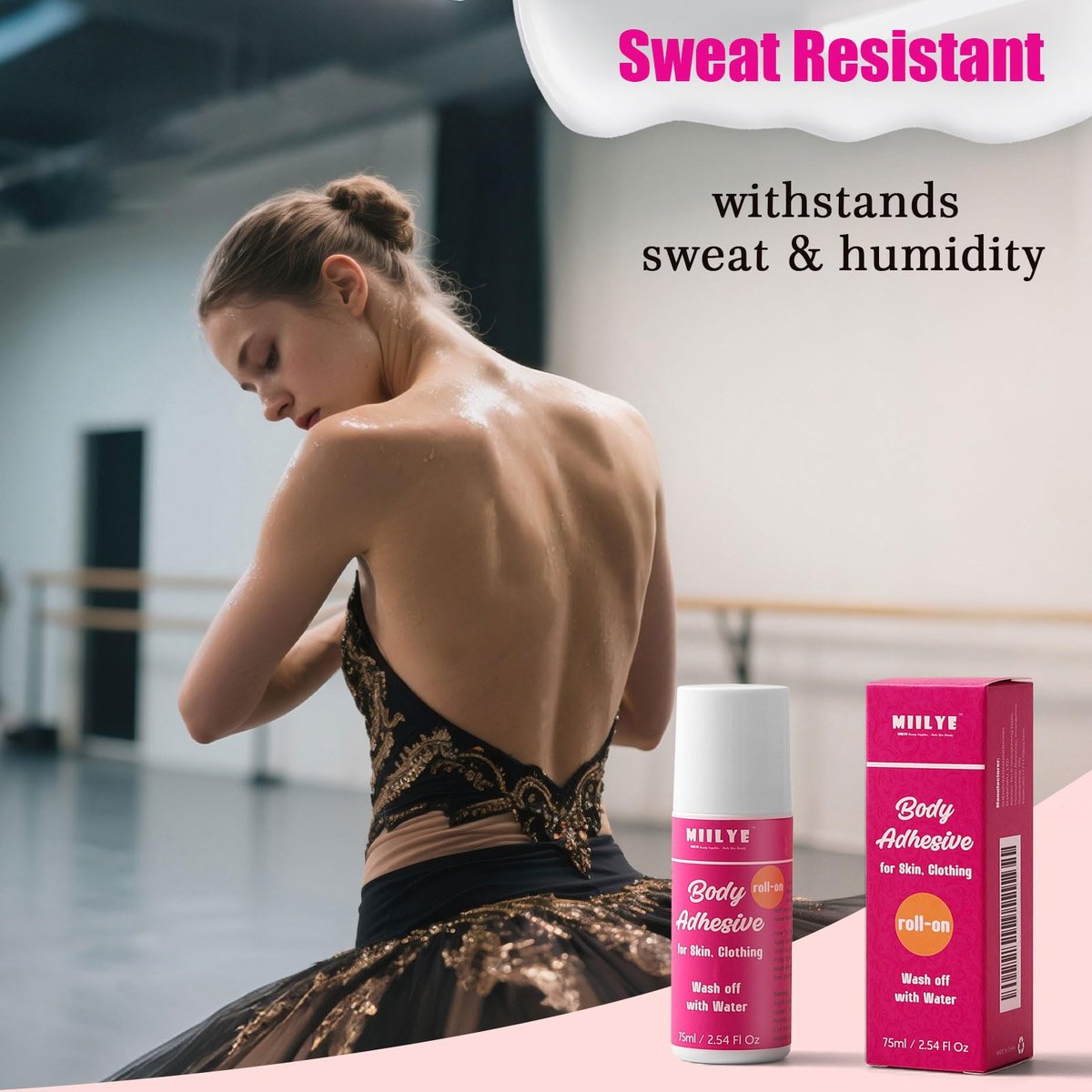 MIILYE Body Adhesive Roll-On for Skin & Clothing – 2.54 Oz Sweat Resistant, Water Wash Off Fashion Adhesive for Dancers, Socks, Stockings, Leotards, Bras, Wigs, Costumes - görsel 7