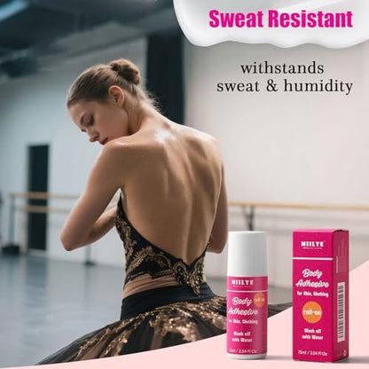MIILYE Body Adhesive Roll-On for Skin & Clothing – 2.54 Oz Sweat Resistant, Water Wash Off Fashion Adhesive for Dancers, Socks, Stockings, Leotards, Bras, Wigs, Costumes
