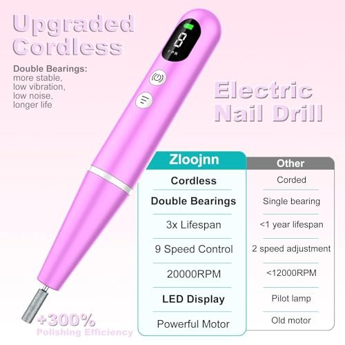 Zloojnn Electric Nail Drill File with LED Display - 9 Speed Cordless Portable Nail Drill Machine for Acrylic Gel Nails, Rechargeable Hand Feet Trimmer Buffer Tool for Women Men Baby (Purple) Avelisse