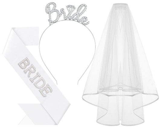 Bride to Be Headband Set with Sash and Veil - Silver Bachelorette Party Accessories by Papoopy (3 Pieces)