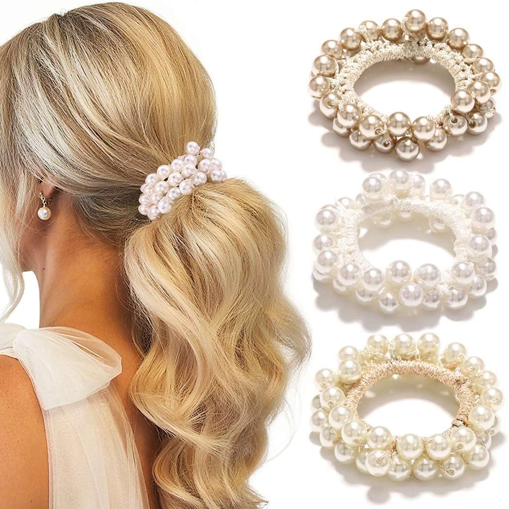 CAKURE Pearl Scrunchies Beaded Hair Ties Decorative Ponytail Holder Pearl Hair Accessories for Women and Girls (Pack of 3) - görsel 1