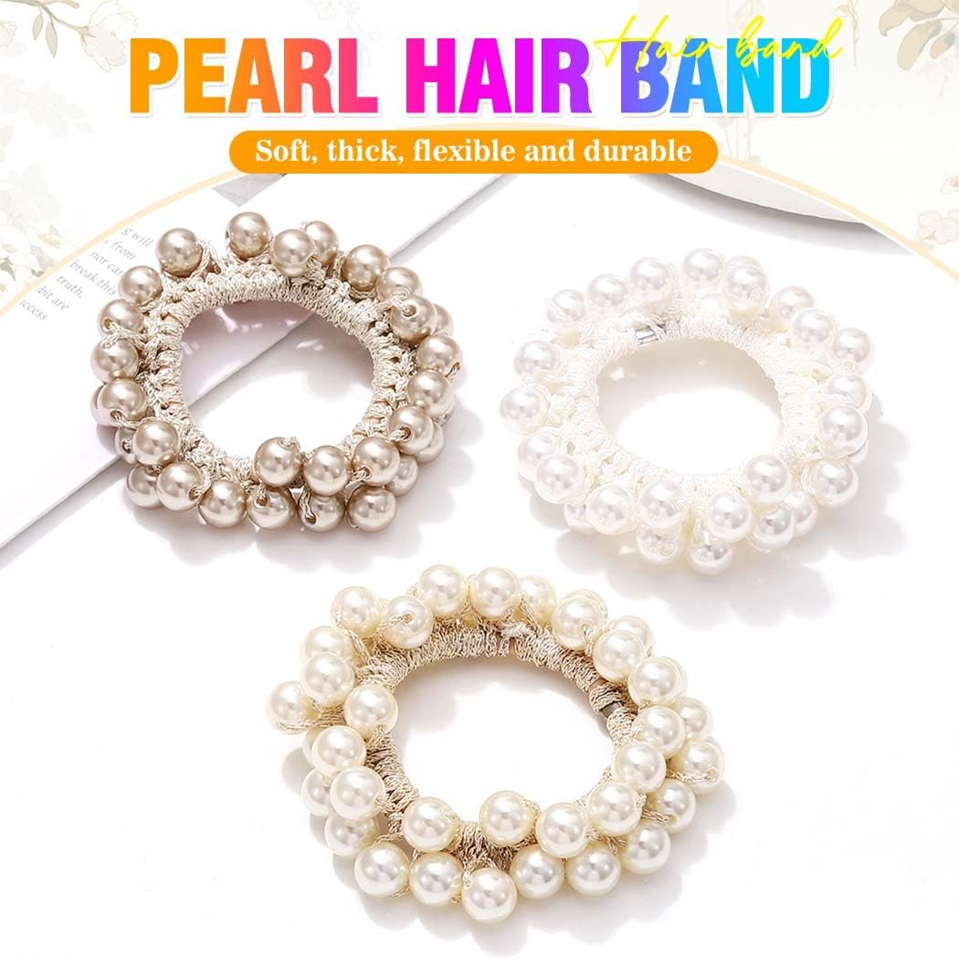 CAKURE Pearl Scrunchies Beaded Hair Ties Decorative Ponytail Holder Pearl Hair Accessories for Women and Girls (Pack of 3) - görsel 3