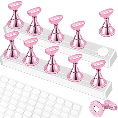 2 Set Nail Stand with 100 Pcs Double Sided Tape - Pink Acrylic Nail Holder for Painting, Display, and Nail Art - Home DIY Beginner Salon Supplies