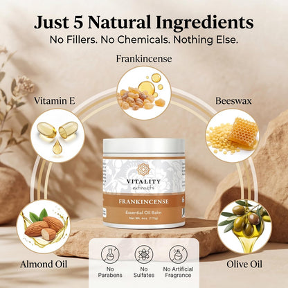 Vitality Extracts Frankincense Balm - 6oz, Boswellia Serrata, Beeswax, Olive Oil, Moisturizer for Dry, Cracked Skin, All Skin Types Avelisse