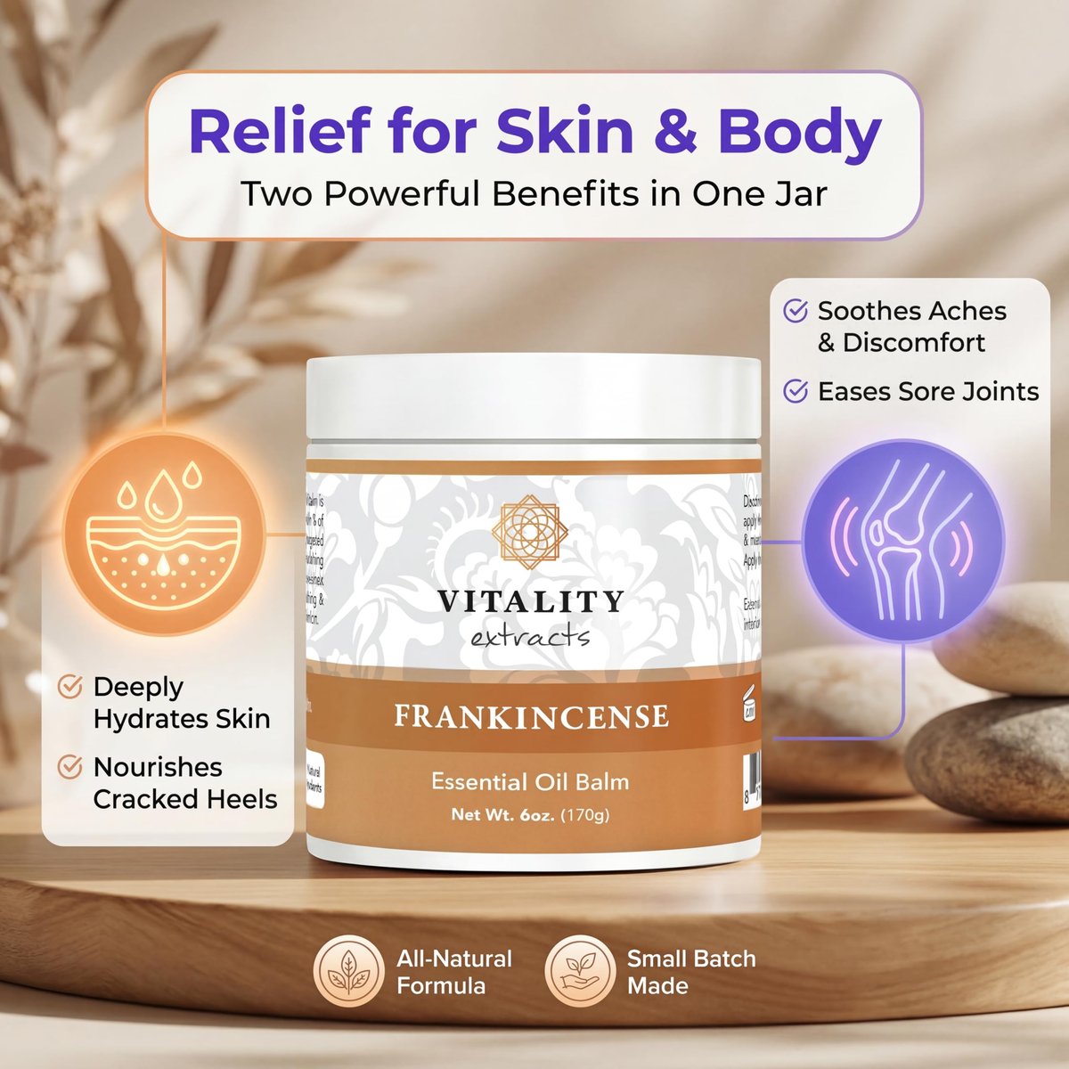Vitality Extracts Frankincense Balm - 6oz, Boswellia Serrata, Beeswax, Olive Oil, Moisturizer for Dry, Cracked Skin, All Skin Types Avelisse